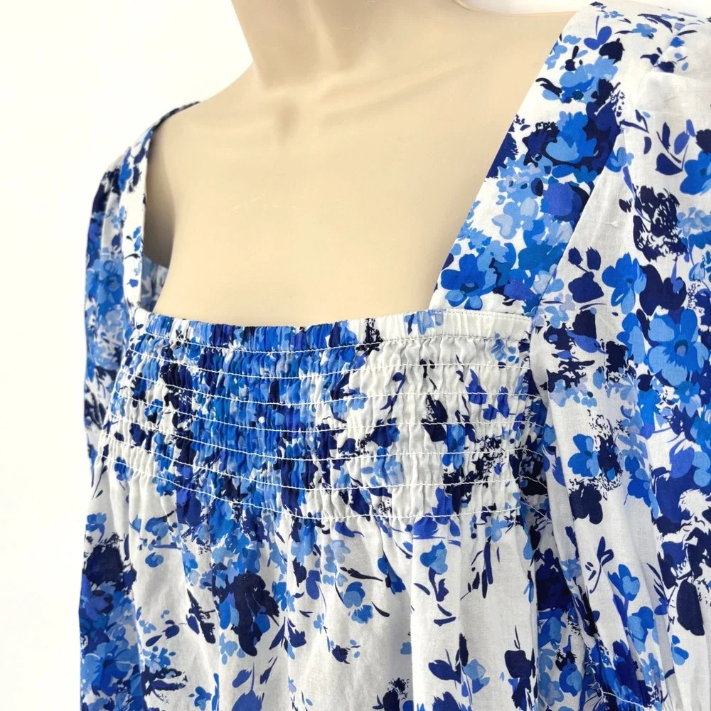 Tuckernuck Blue Floral Smocked Square Neck Cotton Puff Sleeve Blouse Medium